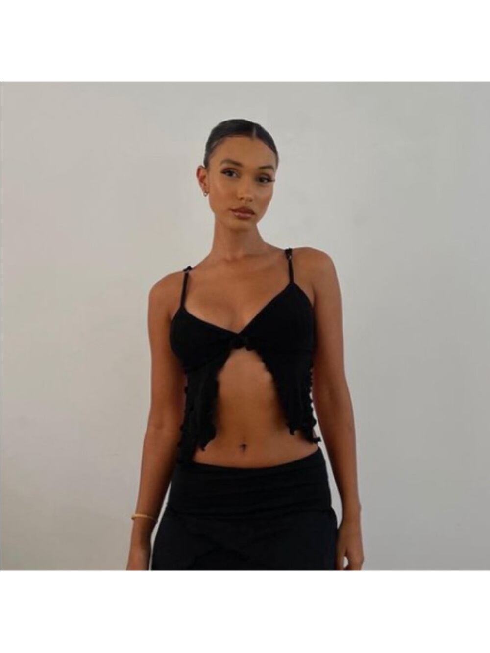 Tiger Mist Black Cropped Tie Front Top